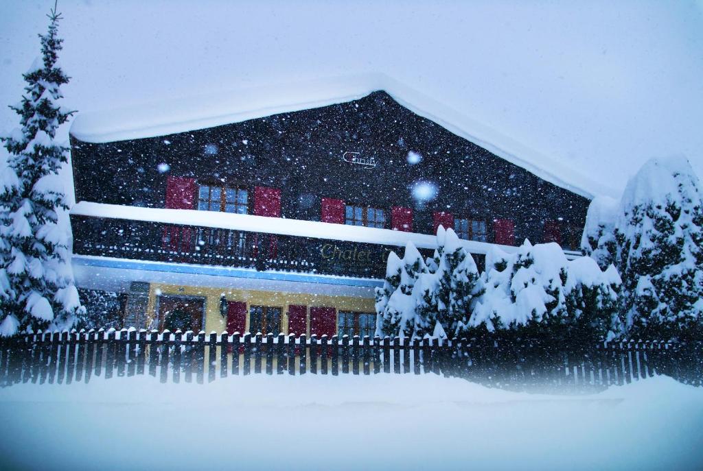 a building covered in snow with trees in front of it at Chalet Christy in Nendaz