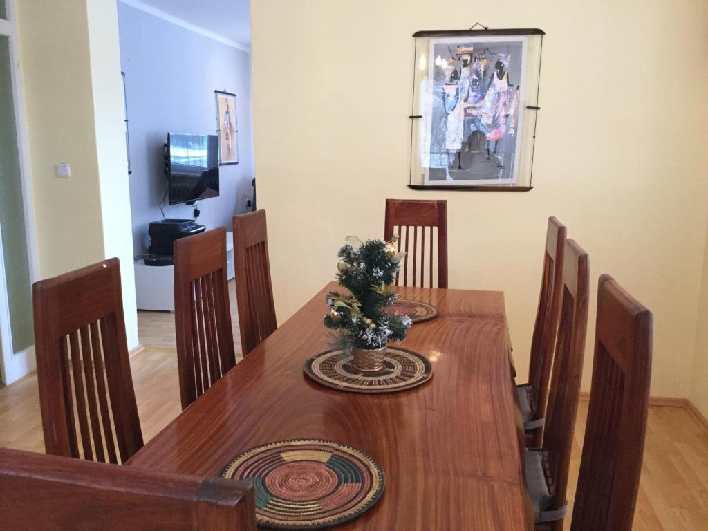 a dining room with a wooden table and a television at Lydiavi in Vysoké Mýto