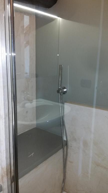 a glass shower door with a sink in a room at B&B La Bergamina 26 in Pero