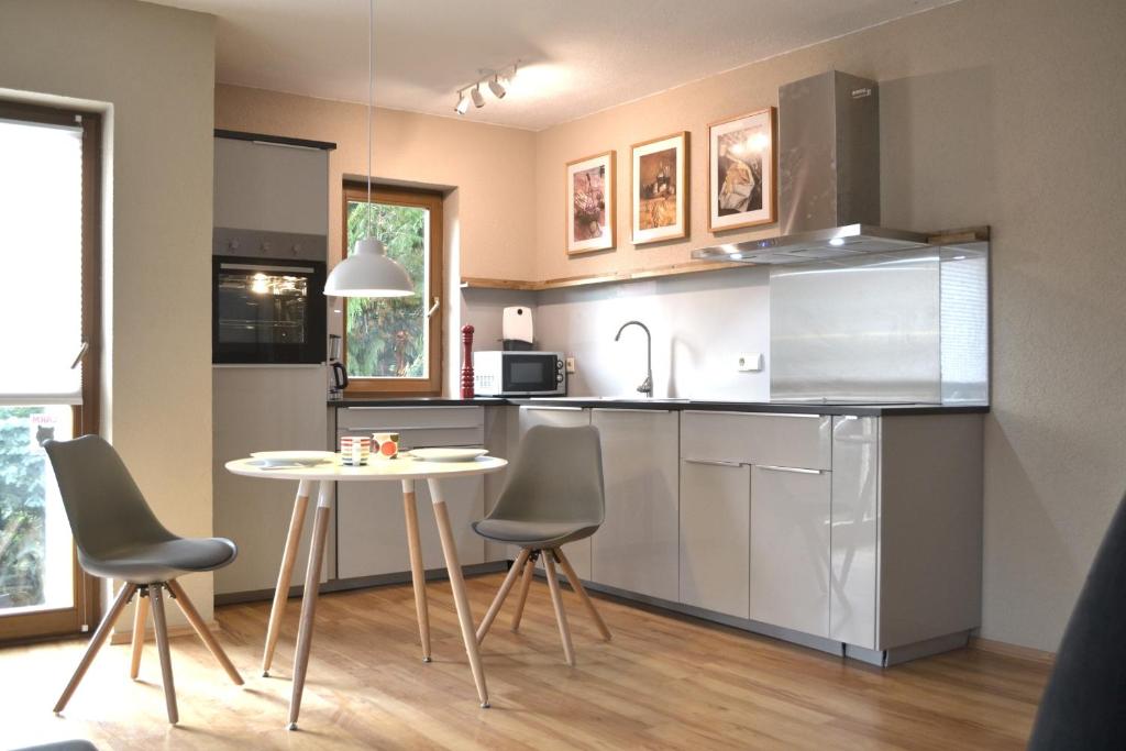 a kitchen with a table and chairs in a room at Ferienwohnung Alexander in Weimar