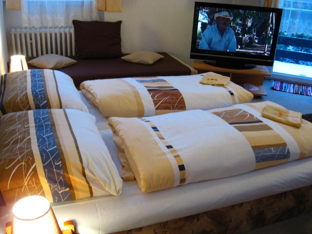 a group of beds sitting in a room with a tv at Penzión Slávia in Poprad