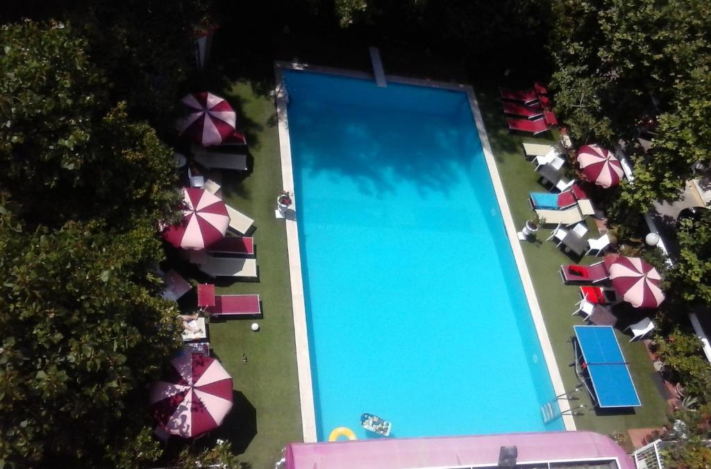 an overhead view of a large swimming pool with umbrellas at Hotel Fabius in Rimini