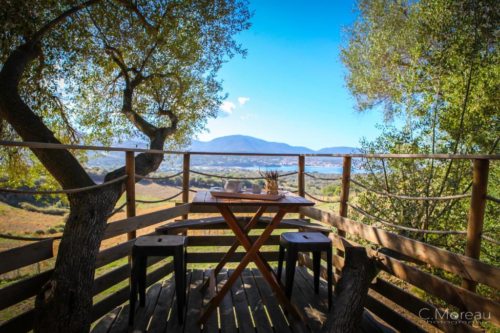 une table et des tabourets sur une terrasse avec un arbre dans l'établissement Cabane Dans les Arbres, Domaine de l Ogliastru, à Olmeto