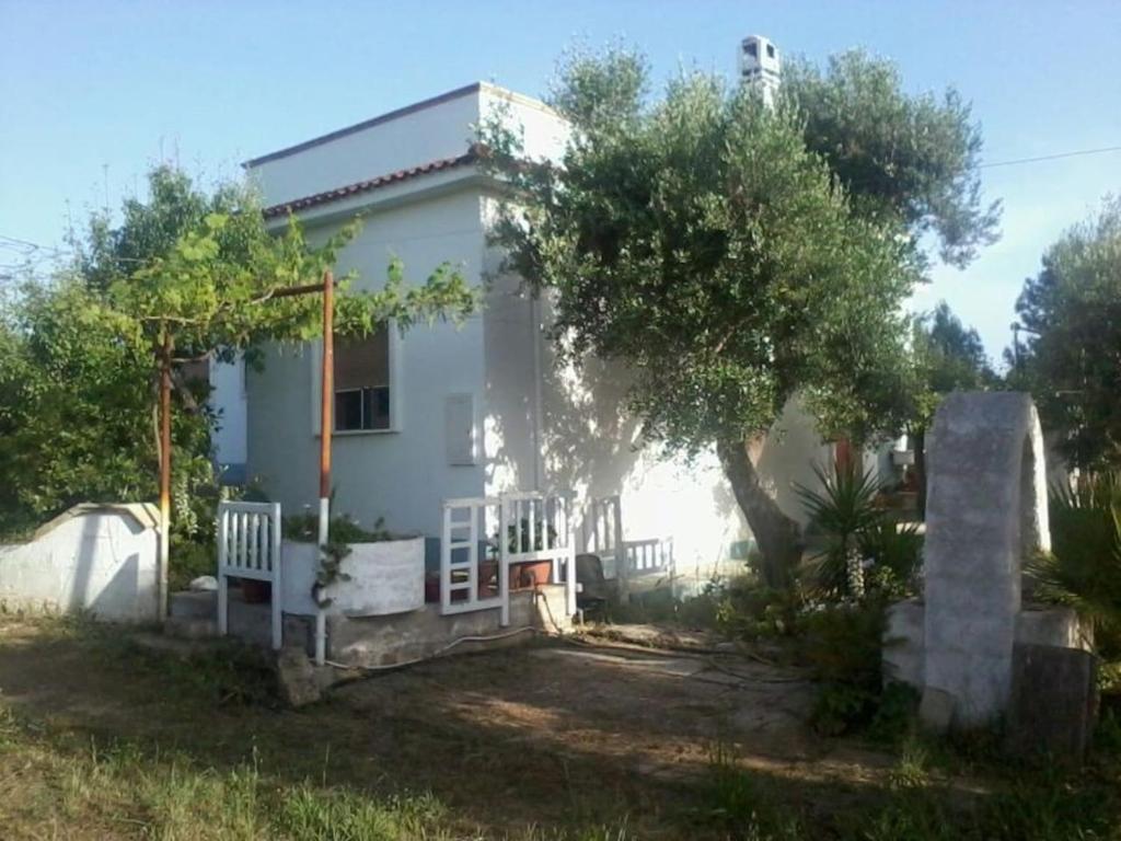 una piccola casa bianca con un albero e una recinzione di Villa d'Arte a Maruggio