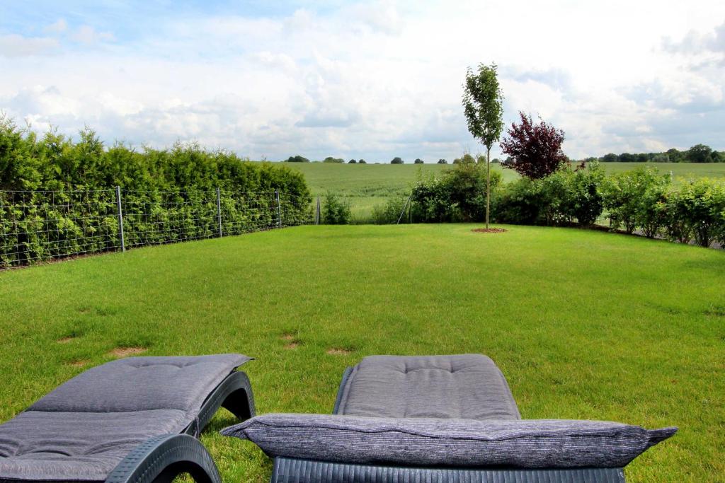 a chair in the middle of a grassy yard at Villa Grande Fewo Enjoy We 2 in Göhren-Lebbin