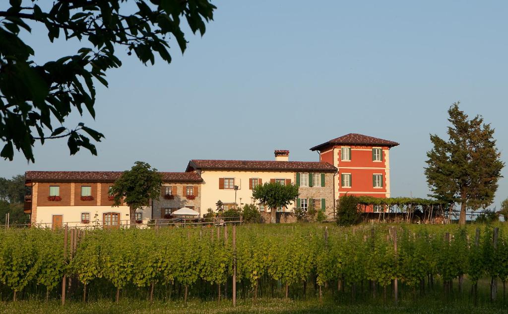un edificio detrás de un viñedo con una casa en Alloggio Agrituristico CORTE SAN BIAGIO, en Corno di Rosazzo