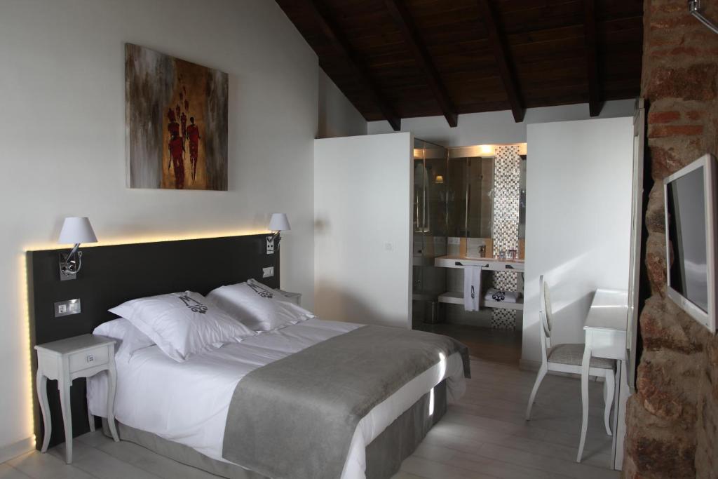 um quarto com uma cama, uma mesa e uma cadeira em La Casa del Médico Hotel Boutique em Villanueva de Córdoba