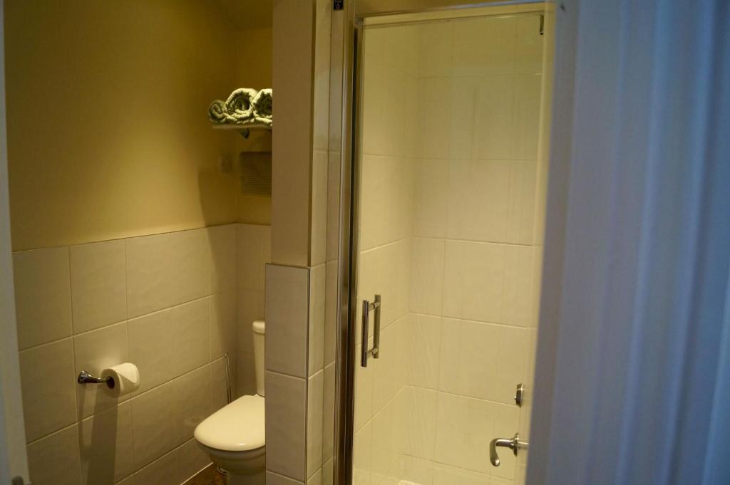 a bathroom with a toilet and a shower stall at The Arun View Inn in Littlehampton