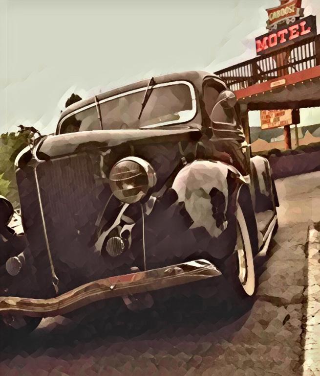 a drawing of an old car parked on a street at Caboose Motel & Gift Shop in Durango