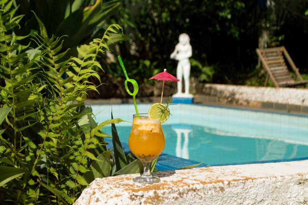 uma bebida sentada numa saliência ao lado de uma piscina em Hostel Tiradentes em Tiradentes