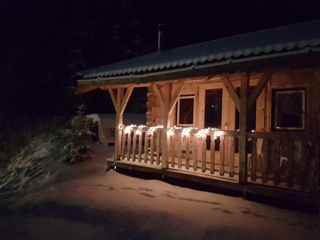 Una cabaña con luces de Navidad en el costado. en Der Nesselbacher en Schmallenberg