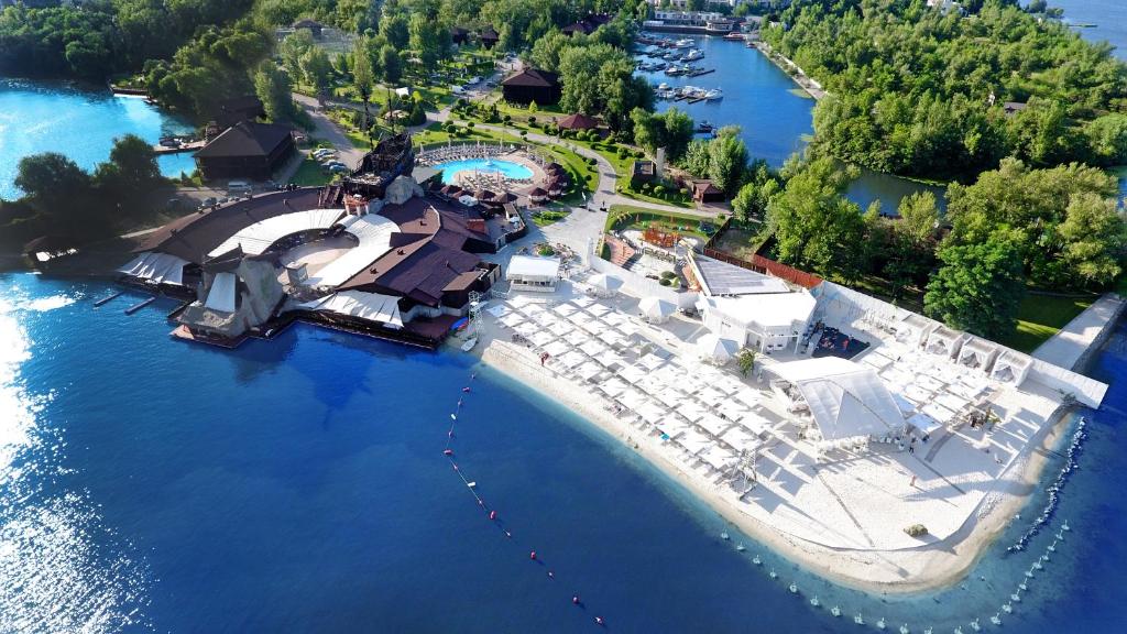 an aerial view of a resort on the water at Bartolomeo in Dnipro