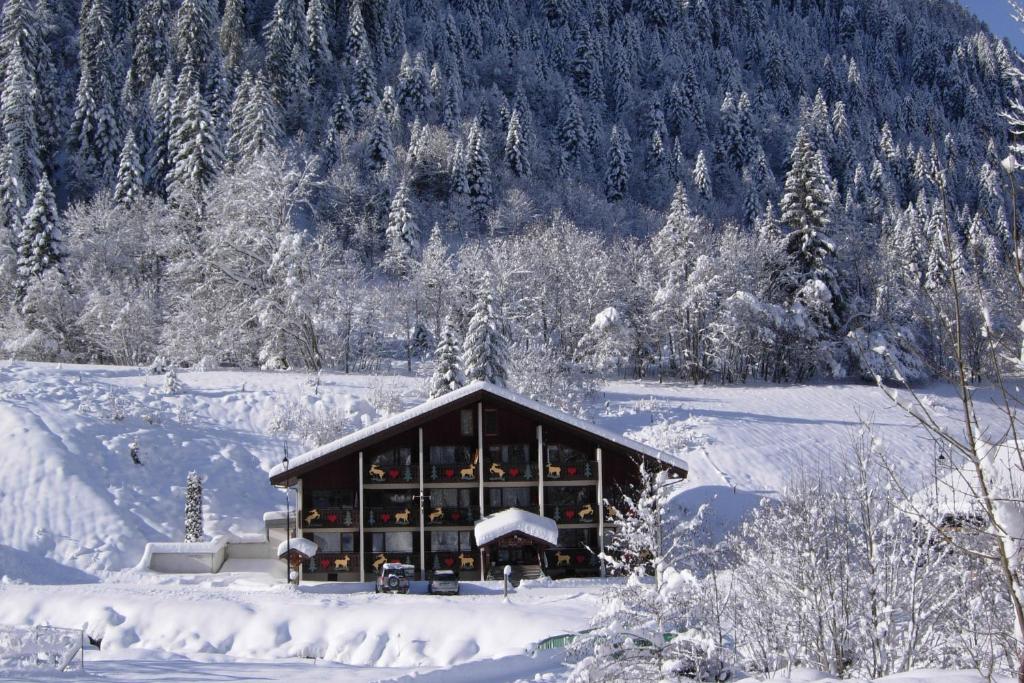 a building covered in snow next to a mountain at Au Bois de Lune in Châtel
