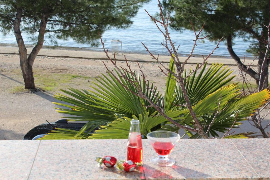 una mesa con una copa de vino y una bebida en Diklo beach apartments Robert & Renata, en Zadar