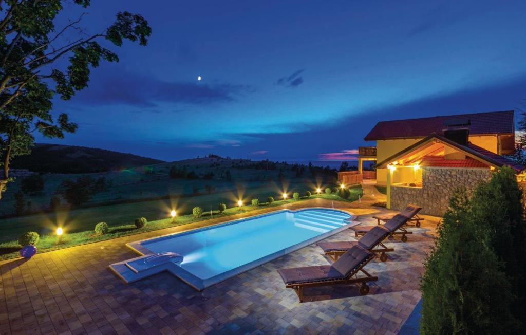 a swimming pool in a backyard at night at Villa Mila in Sveti Juraj