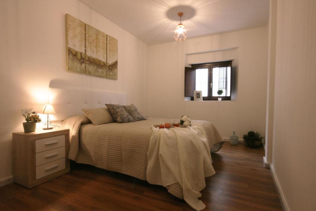 1 dormitorio con 1 cama, vestidor y ventana en Apartamento Vacacional Carmona, en Carmona