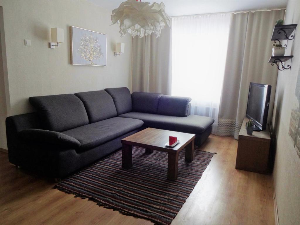 a living room with a blue couch and a coffee table at Kaktuss Apartamenti in Valmiera