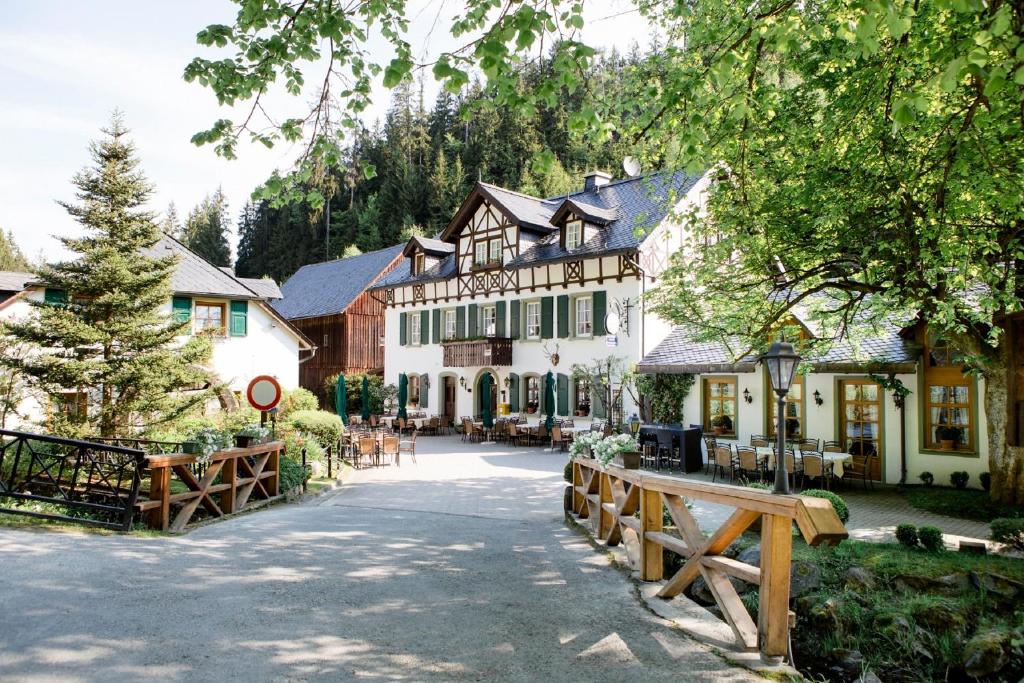 ein Hotel in einem Dorf in den Bergen in der Unterkunft Gasthof Bischofsmühle in Helmbrechts