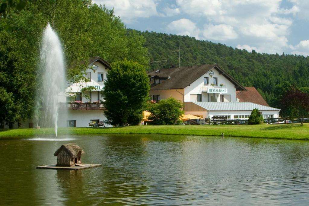 een fontein in het midden van een meer met een gebouw bij Hotel Pappelhof in Weidenbach