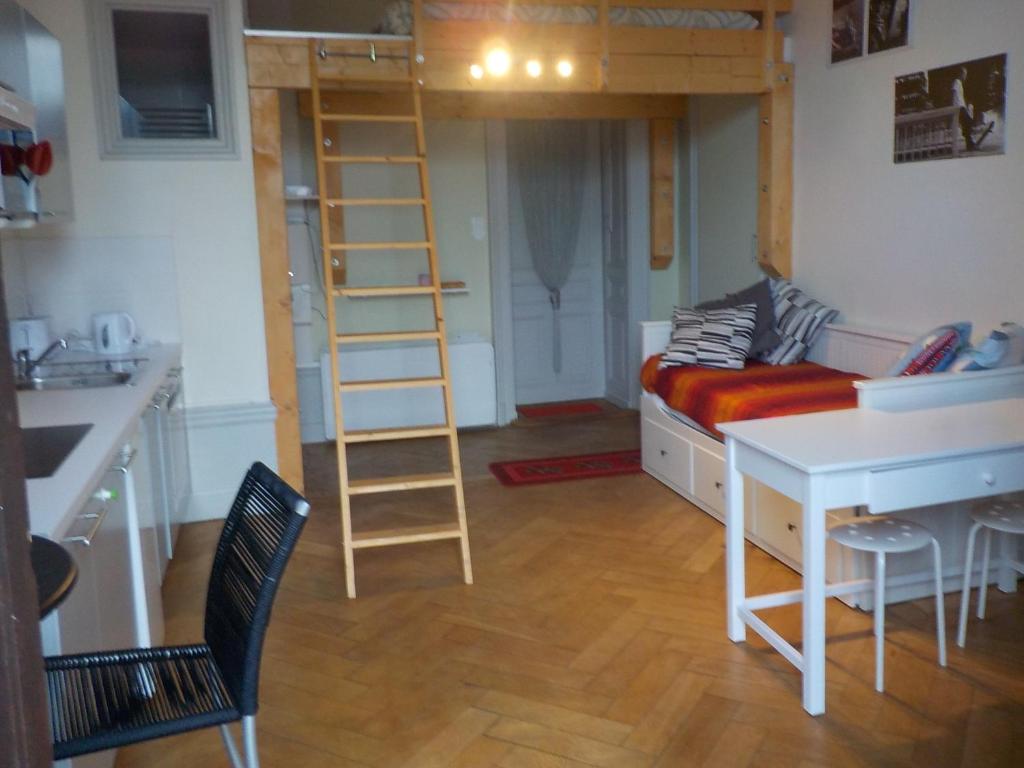 a living room with a loft bed and a desk at Studio curiste aix les bains in Aix-les-Bains