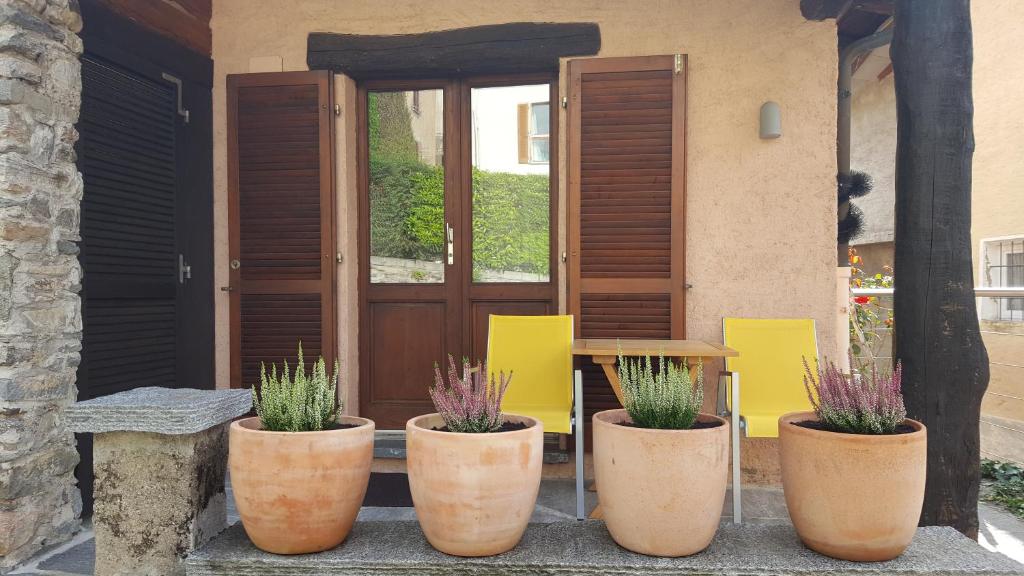 eine Gruppe von Topfpflanzen, die vor einer Tür sitzen in der Unterkunft Rustico in Miglieglia