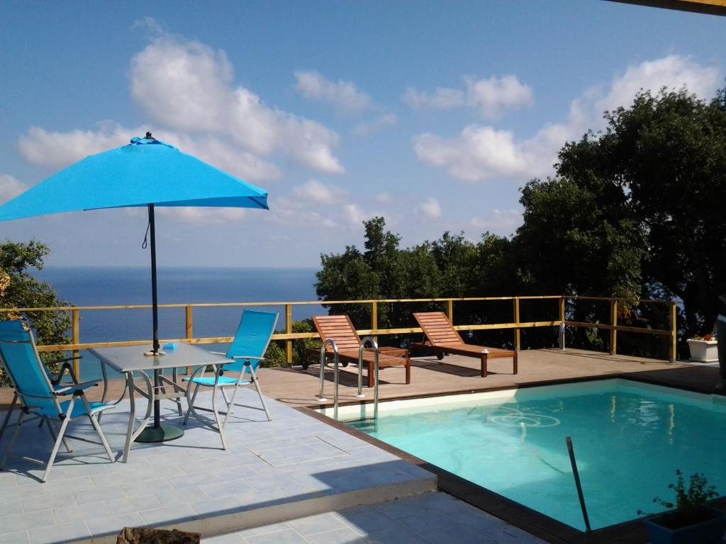 un patio avec une table, des chaises et un parasol dans l'établissement Villa Alice, à Santo Stefano di Camastra