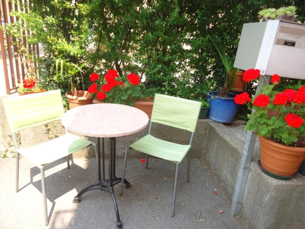 una mesa y 2 sillas y flores en un patio en Homestay Dodo, en Lugano
