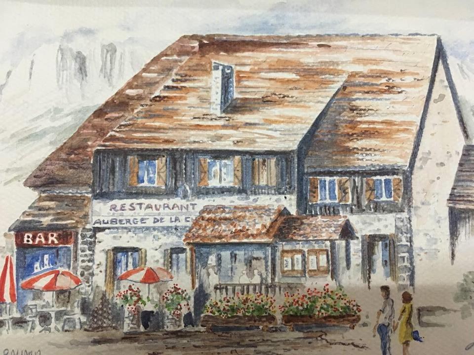 a painting of a building with people standing in front of it at La Chicholiere in Gresse-en-Vercors