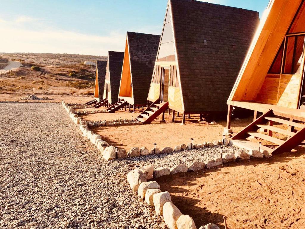 a row of umbrellas and chairs on a beach at Ixchel Glamping Valle de Guadalupe in Ensenada