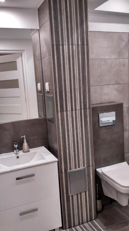 łazienka z umywalką i toaletą w obiekcie Apartament Turkusowy w Szczecinie