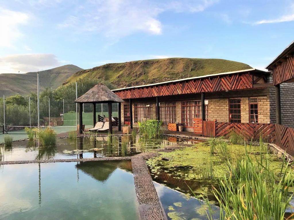 a building with a grass roof with a pond at Alpine Swift Trails in Rhodes