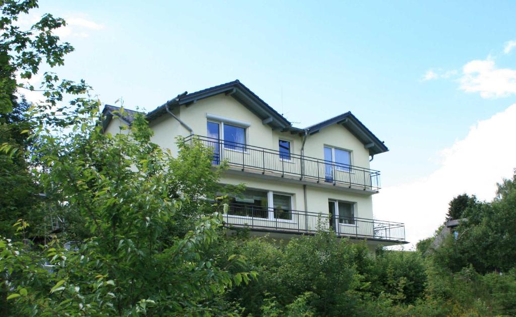 ヴィリンゲンにあるStrycker Ferienappartementの青窓と木々のある白い家
