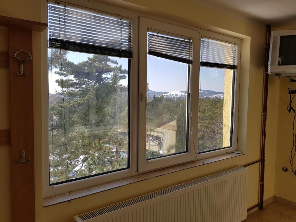 trzy okna w pokoju z widokiem w obiekcie Apartment Oaza Mira w mieście Divčibare