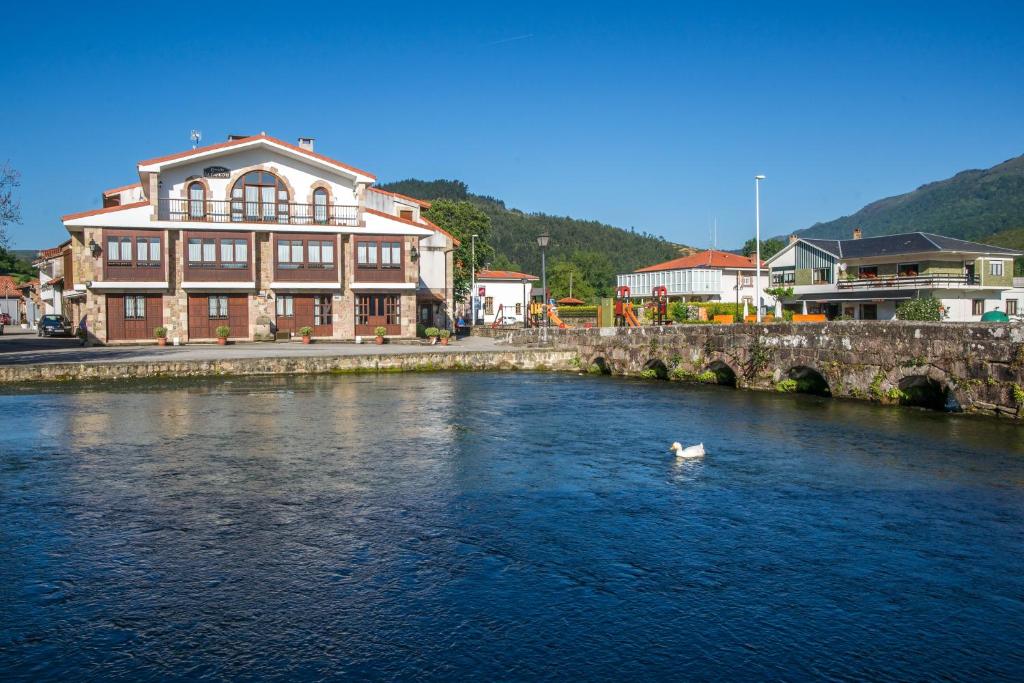 a swan swimming in a river in front of a building at La Fuentona de Ruente in Ruente