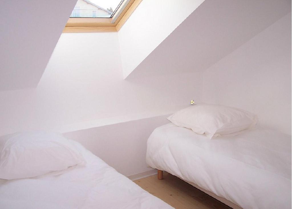 two beds in a attic bedroom with a window at Hôtel Le Richevaux in Neufchâteau