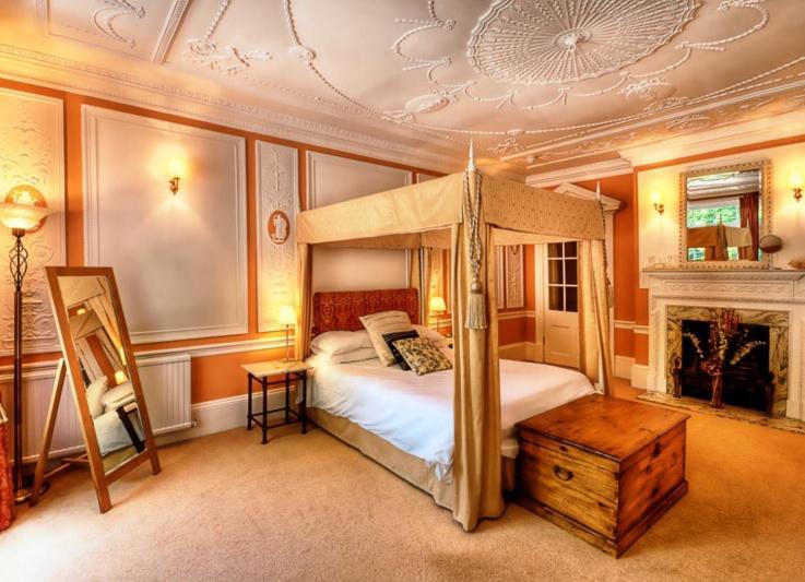 um quarto com uma cama de dossel e uma lareira em The Town House em Arundel