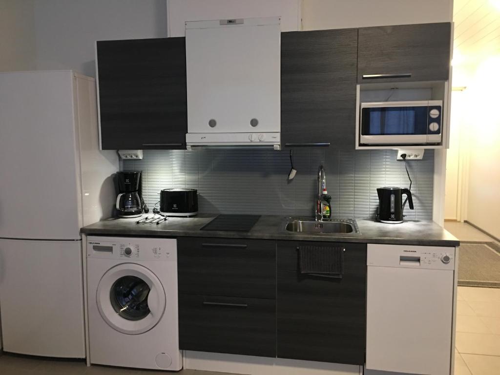 a kitchen with a sink and a washing machine at Arctic Resort Delight in Rovaniemi