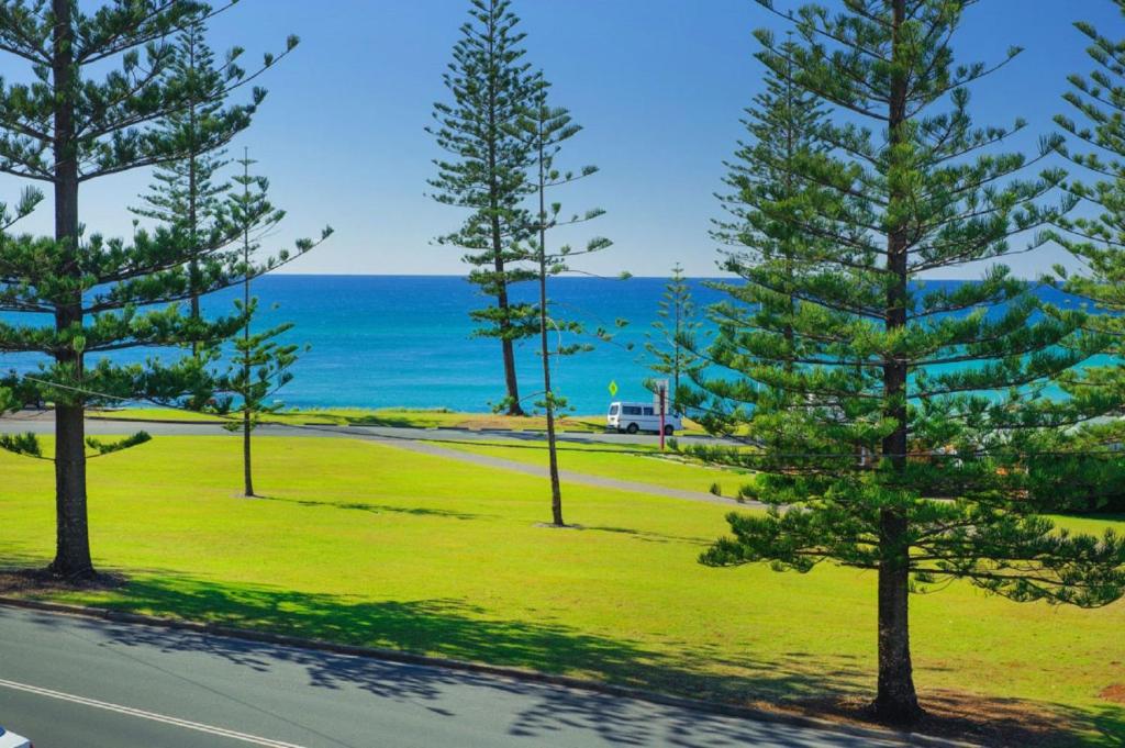 a road with trees and the ocean in the background at Ocean Court 8 13 Lord Street in Port Macquarie