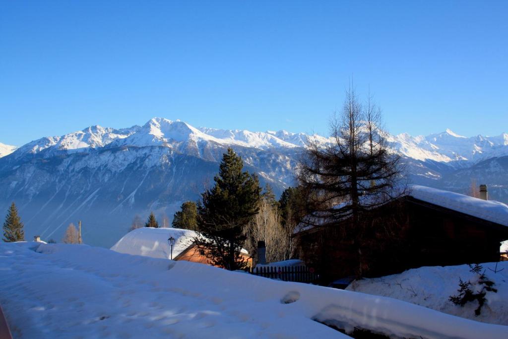 a house in the snow with mountains in the background at Residence Arnica in Crans-Montana