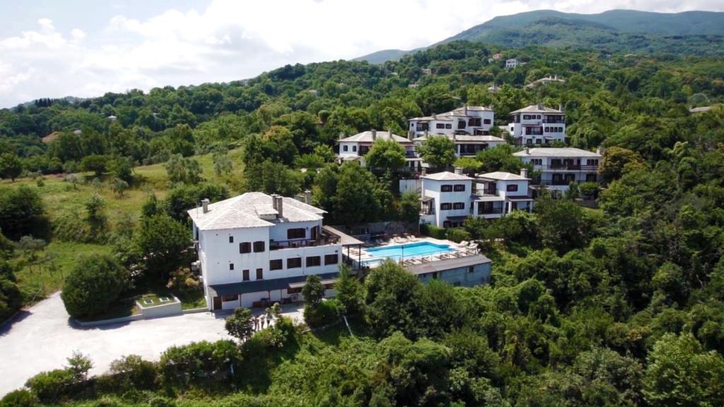 an aerial view of a villa in the hills at Hotel Aglaida Apartments in Tsagarada
