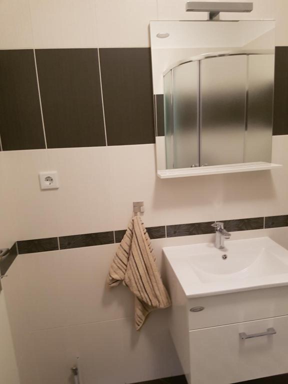 a bathroom with a sink and a mirror at Apartments Tereza in Senj