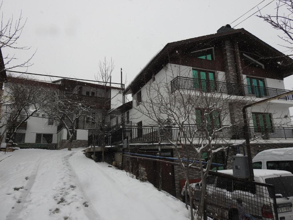 a snow covered street in front of a house at Edelweiss in Bakuriani