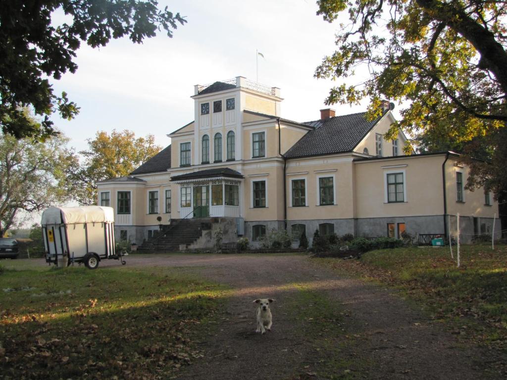 a dog standing in front of a large house at Nygårds Herrgård Bed & Breakfast in Mönsterås