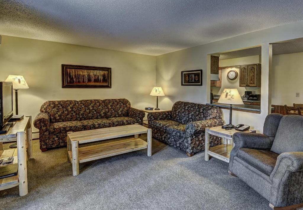 イーグル・リバーにあるLake Forest Resortのリビングルーム(ソファ、椅子、テレビ付)
