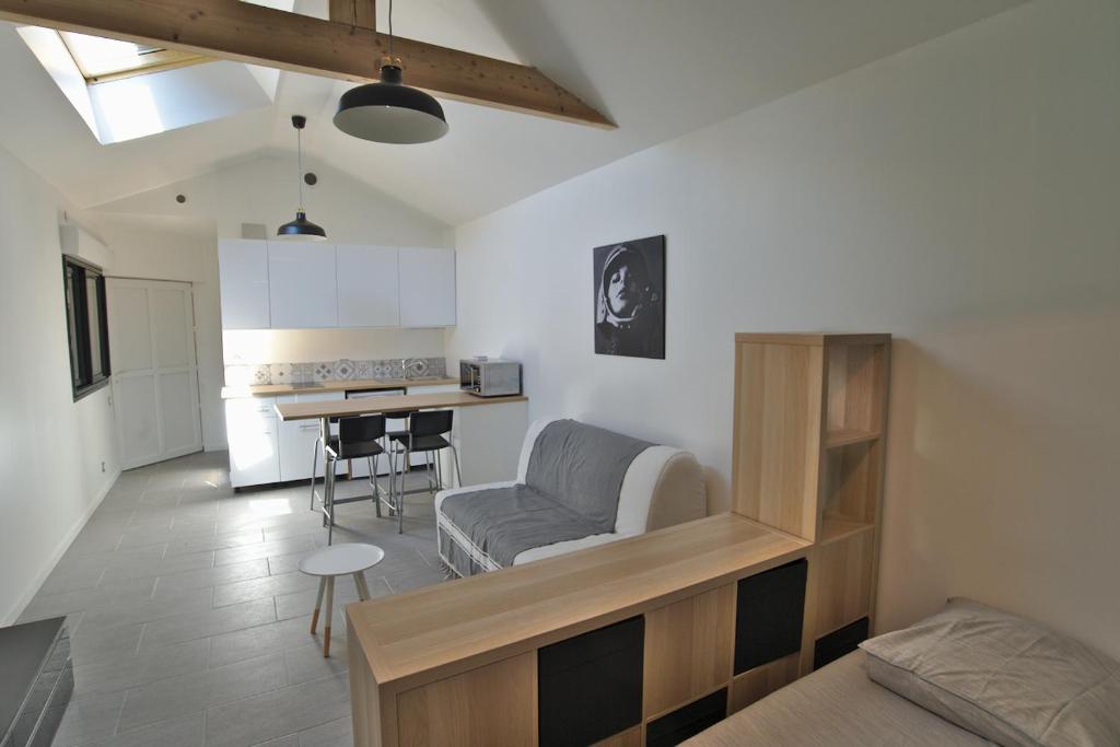 Il comprend un salon et une cuisine avec un canapé et une table. dans l'établissement L'INDEPENDANCE, à Lyon