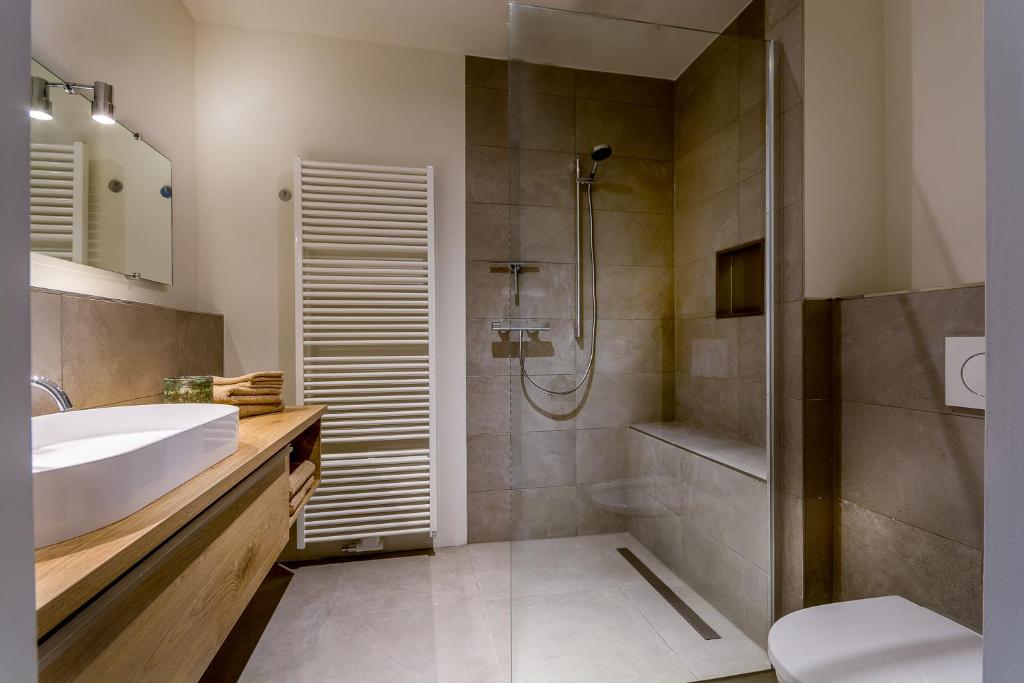 a bathroom with a shower and a sink and a toilet at Zoet Valkenburg in Valkenburg