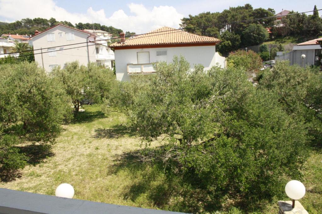 a view of a yard with trees and a house at Guesthouse Matušan's place in Rab
