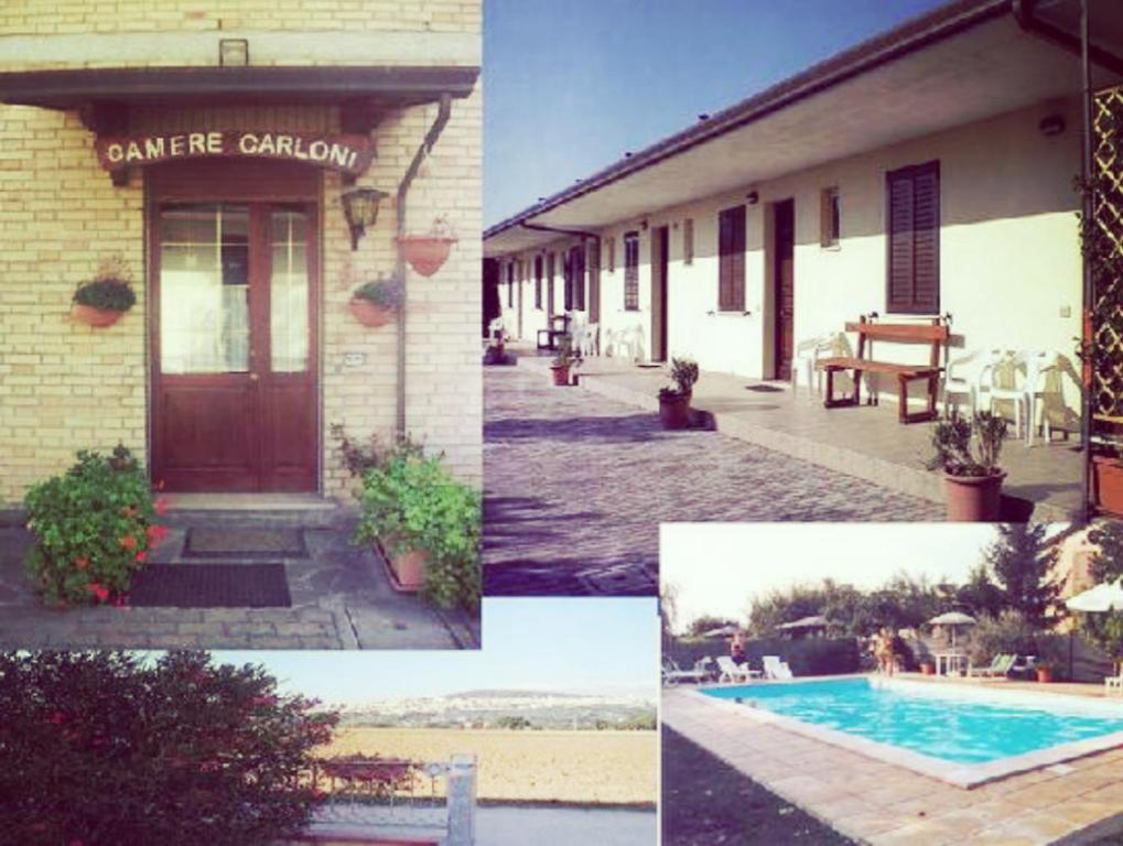 a collage of pictures of a building and a pool at Camere Carloni in Assisi