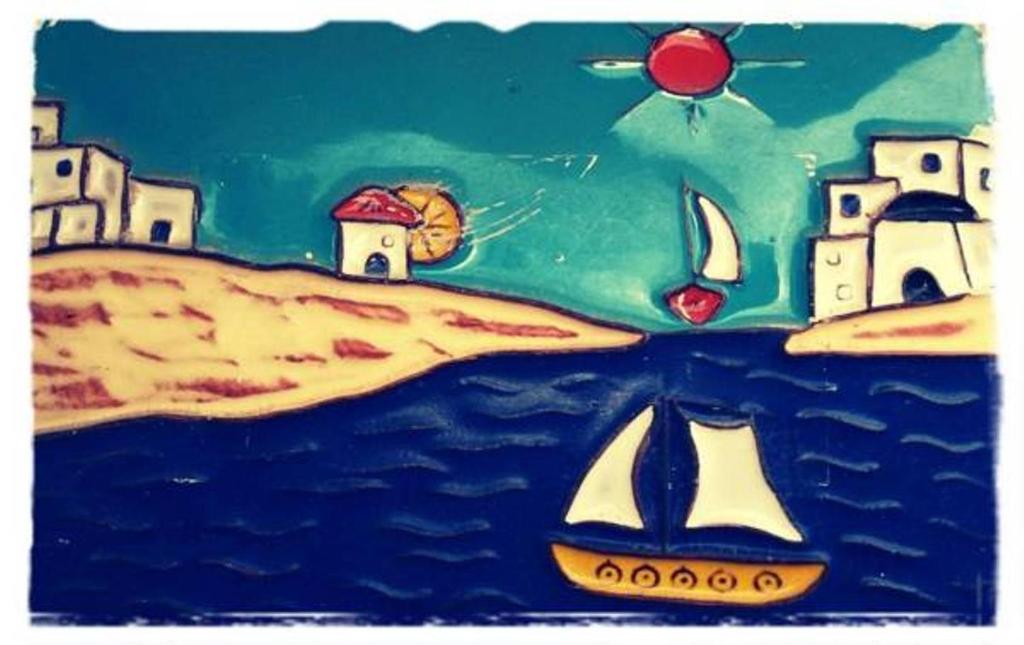 uma pintura de uma praia com um veleiro na água em Barcola Holidays Casa Vacanze em Trieste