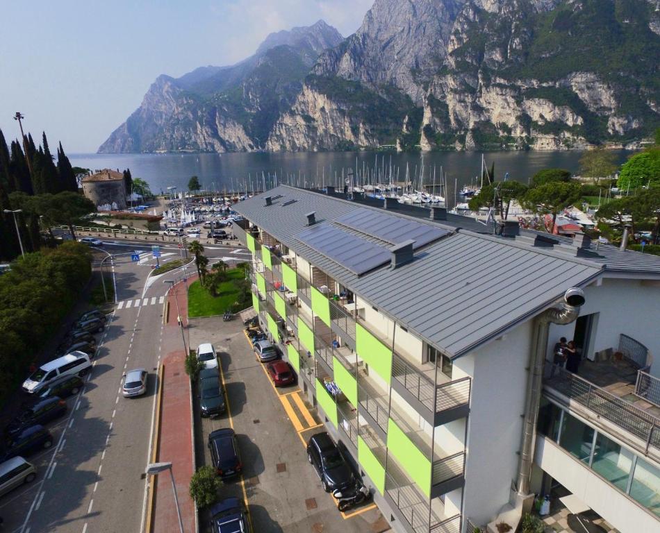 an aerial view of a city with a mountain at Residence Centro Vela in Riva del Garda